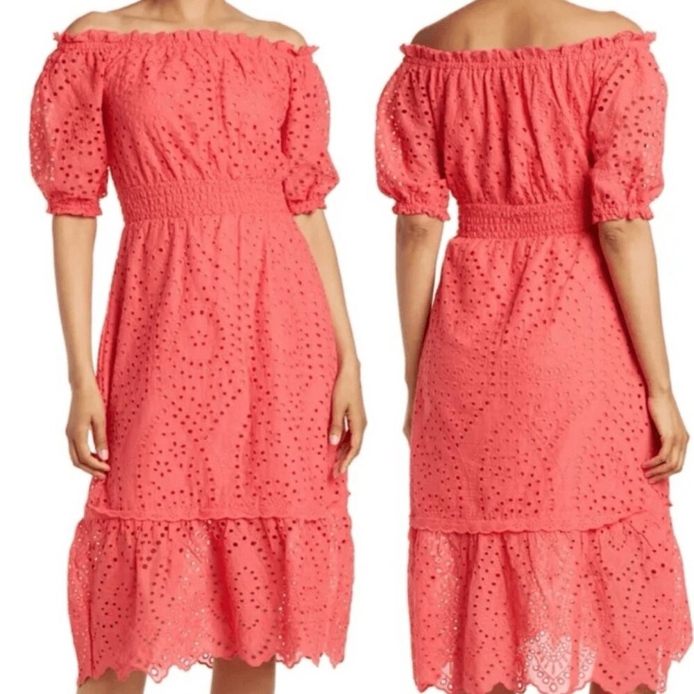 betsy johnson // coral eyelet midi off the shoulder dress M